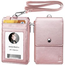 elv badge holder with zipper, pu leather id badge card holder wallet with 5 card