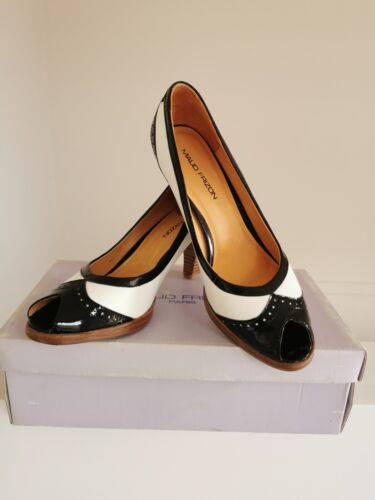 MAUD FRIZON Peep-Toe, Black and White Leather, High Heel Pumps, Size 37 - Picture 1 of 9
