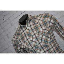 Wrangler Western Dress Shirt Mens Size Medium Pearl Button Snaps Tan Blue Plaid