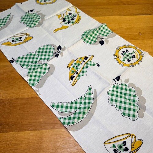 Vintage Mid Century Tea Towel Green Gingham Teapot Fruit Yellow White Retro MCM