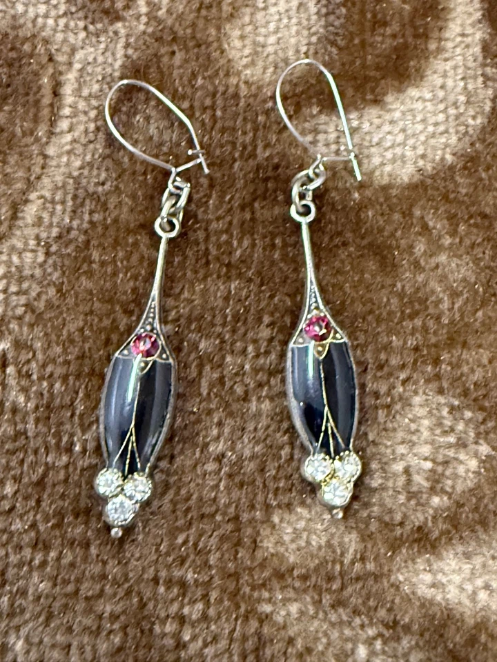 Vintage Ohrringe, Ohrhänger, Art Deco Stil, Strass, Emaille, Jugendstil - Bild 2 von 4