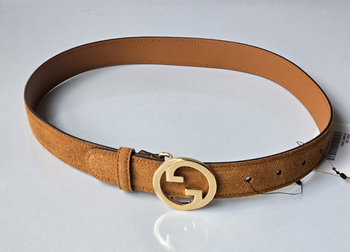 Gucci Belt 70 28 Brown Suede Gold GG Logo Buckle Blondie Cognac