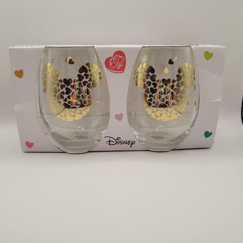 Disney Mickey And Minnie Mouse Stemless Glasses Gold NOS