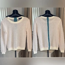 Blue rain Cream Sheer fuzzy Sweater contrast Back blue teal ribbon & Buttons S