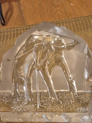 Vntg Nybro Sweden Crystal  Sculpture Golfer Swing 7.50 T 6 wide & Glass Mouse 4''