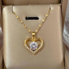 Gold Tone Heart Pendant Necklace Women Stainless Steel Zircon Chain Jewelry