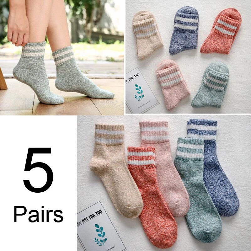 5 Pairs Women Socks Wool Blend Cashmere Warm Thick Soft Retro Sports Casual Sock - Image 4 of 4