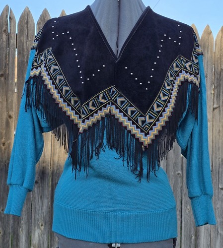 Miller Outerwear Knit Sweater Suede Fringe Vintage Western Boho - Picture 2 of 19