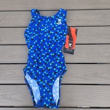 TYR Durafast Women Youth Girl Team Check Maxfit Durafast Swim Blue Size 26 New