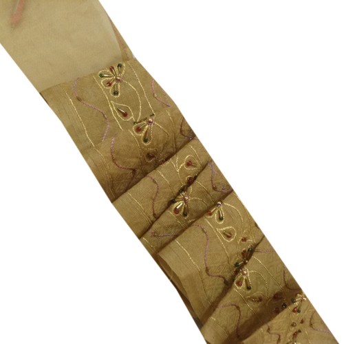Om Vintage Indian Sari Border 100% Silk Beaded Beige Ribbon Lace Trim 3 W" L182 - Picture 9 of 9
