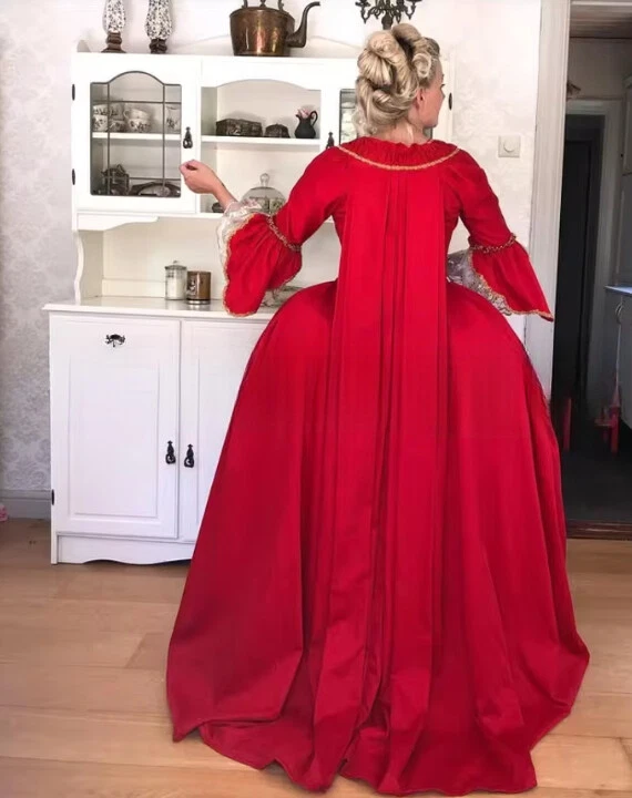 Gothic Victorian Wedding Gowns Red Satin Lace Pleated Corset Laced Medieval - Image 3 of 4