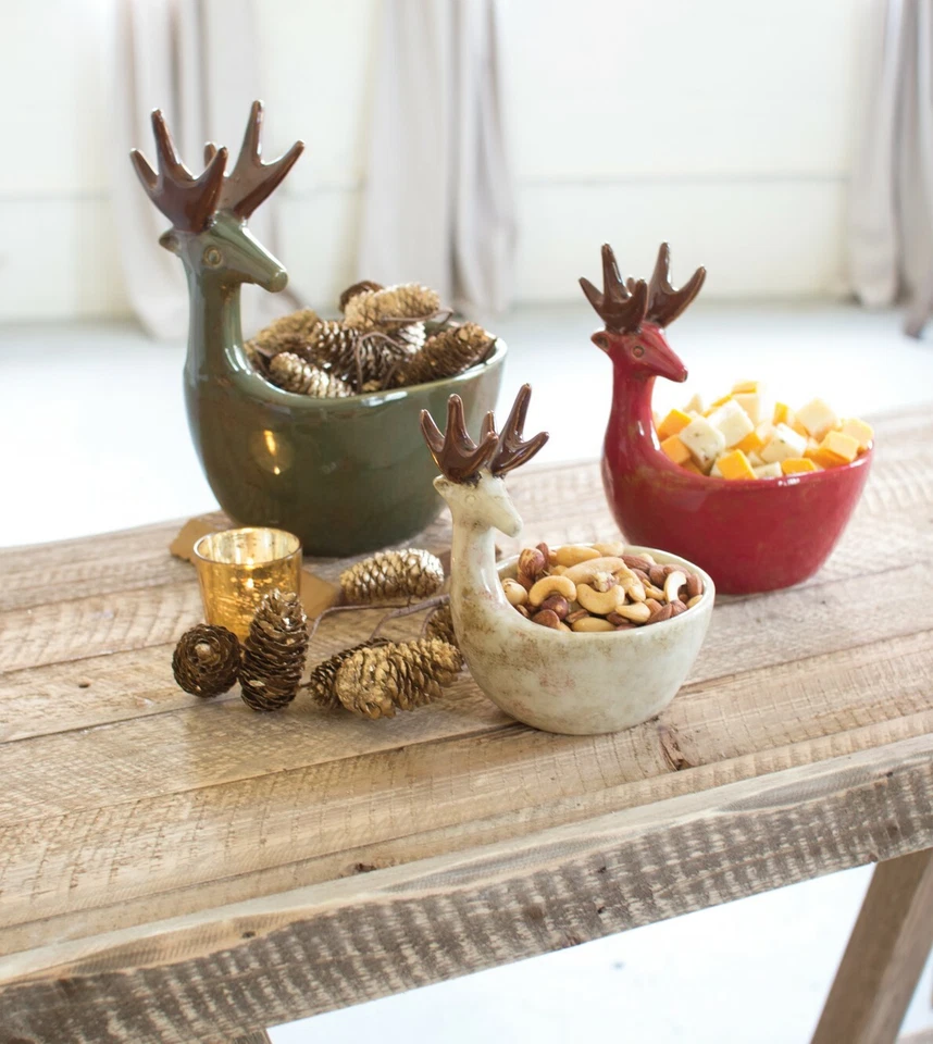 Adorable Juego de Tres Cuencos de Cerámica para Ciervos Rojo Verde Blanco Reno Plato de Vacaciones Foto 2 de 4