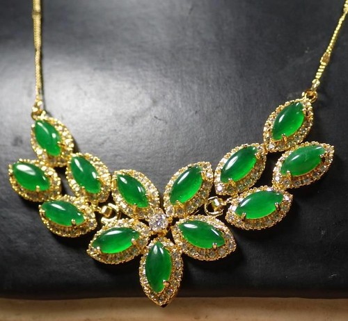 Real Green Jade Cabochon Marquise Flower Cubic Zirconia 18KGP Pendant Necklace - Picture 6 of 7