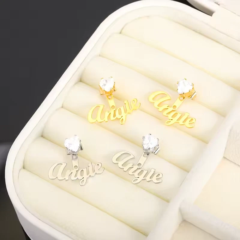 Par de aretes de circonita con nombre personalizado joyería acero inoxidable plata oro regalo Foto 4 de 4