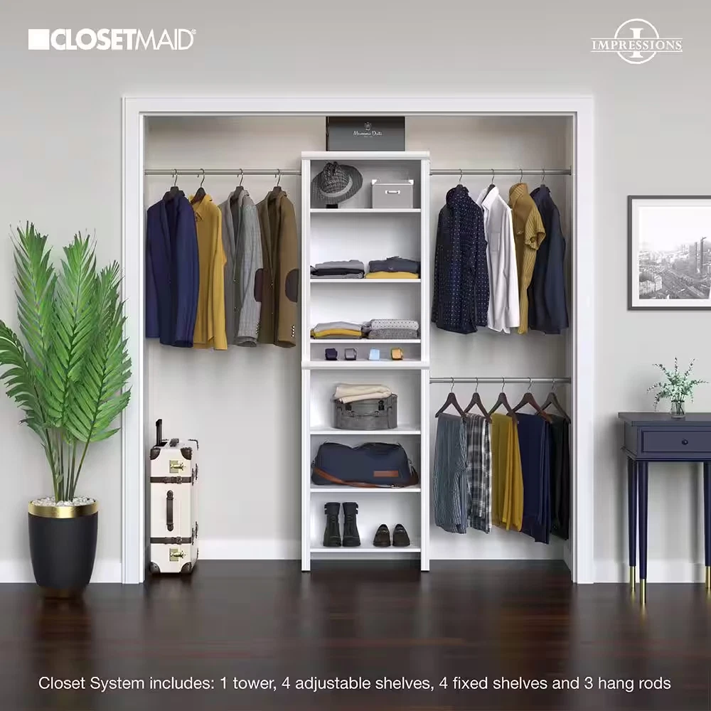 60 Inch White Wood Closet Tower System Floor Mount Adjustable Rod Durable Shelf