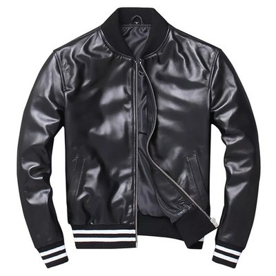 Men's Black Sheepskin Baseball Leather Bomber Jacket | Lightweight Varsity Style