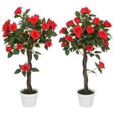Outsunny Set of 2 90cm Artificial Rose Tree, Fake Decorative Plant, Red