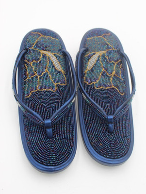 Vintage Japanese Zori Sandals   Real Leather Soles & Metallic Blue Beadwork 