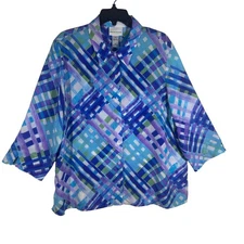 Alfred Dunner XL Blue Purple Plaid Button Down Blouse Shirt Womenswear NEW