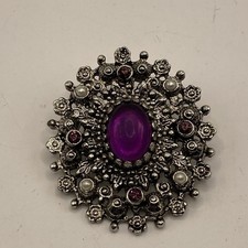 Vtg Sarah Coventry Catherine Purple Rhinestone Brooch Real Pearls UV Fluorescent