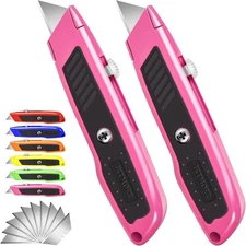 Box Cutter, 2 Pack Pink Utility Knife, Durable Razor Knife, Box Opener with 10 S