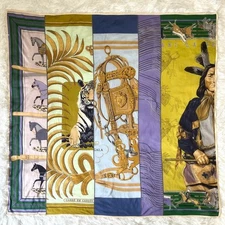 Hermes Silk Jersey Scarf Carre en Carres 90 cm Green Yellow Blue Purple NM Auth