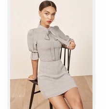 Reformation Gray Houndstooth Bow Neck Puff 3/4 Sleeve A-Line Mini Dress 0