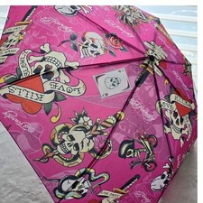 Ed Hardy pink and black compact umbrella new with tags Skull and snake