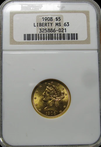 1908 $5 Liberty Head Gold Coin ---- MS-63 NGC Graded Coin ---- #529C