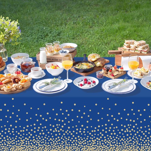 12 Pack Navy Blue and Gold Dot Tablecloth for Parties, Disposable Blue Table ... - Picture 4 of 7