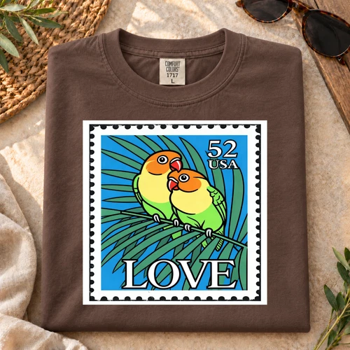 ArtMythica Vintage Love Birds T-Shirt Retro 52 USA Stamp Graphic T-Shirt New Tee - product listing photo