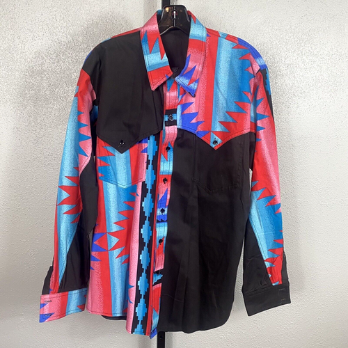 Vintage Cowboy Button Up Aztec Rodeo Shirt Men's L Western Threads USA Black