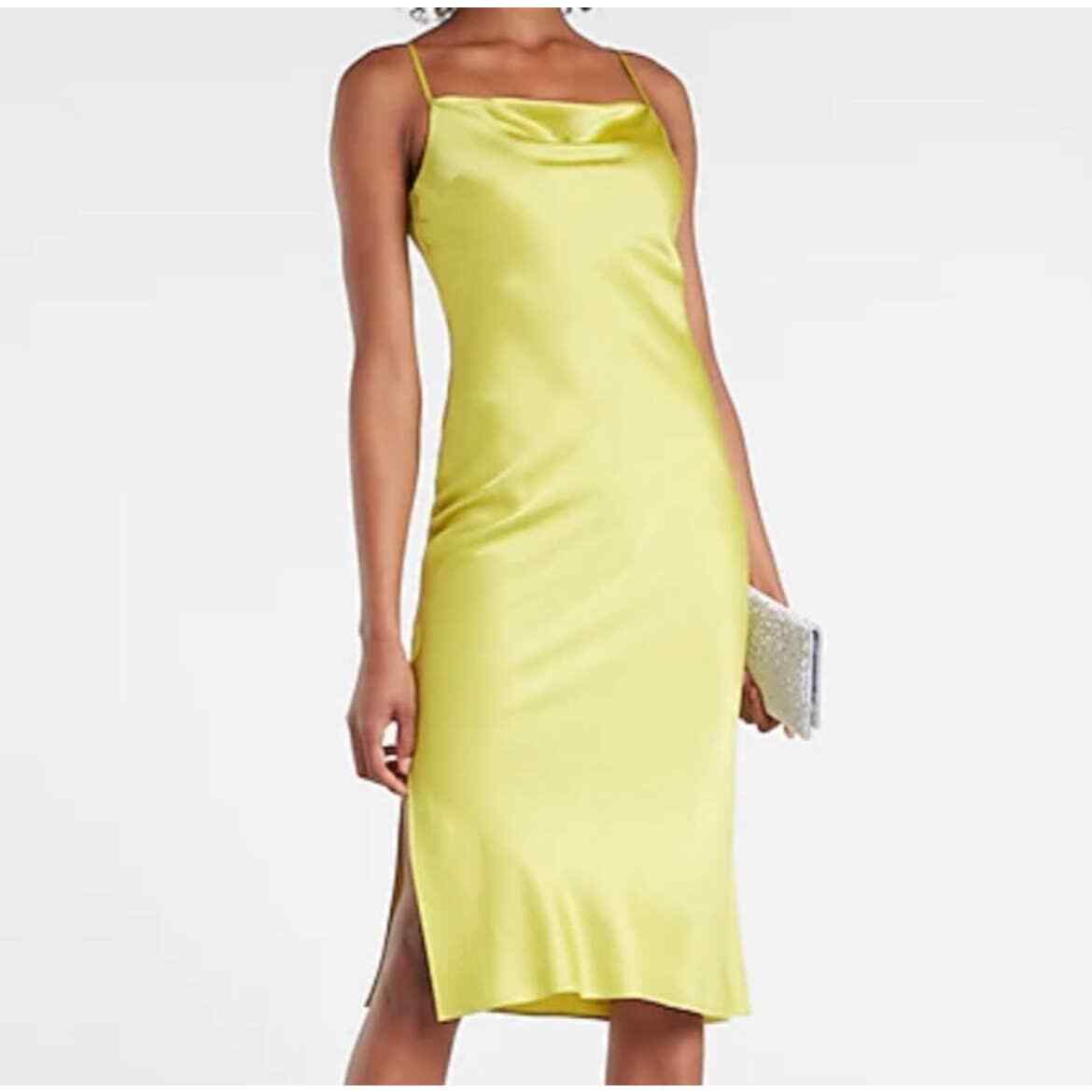 Express Satin Cowl Neck Midi Slip Dress in Lime Green Size Small - Main Image