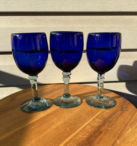 Dark Blue Light Blue Bubbles Mexican Glass Hand Blown Goblets 12oz-Set Of 3
