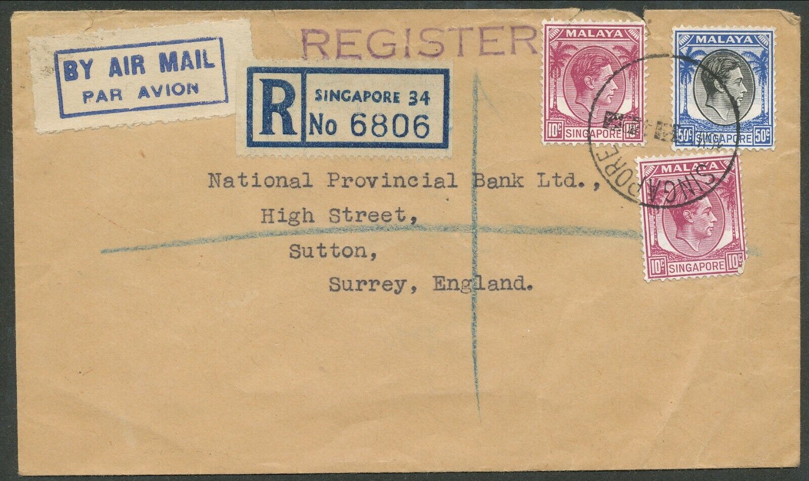 Over item handling SINGAPORE MALAYA 1949 REGISTERED MULTIFRANKED TO ROUGHLY New product UK OPEN