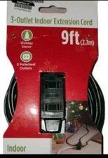 Holiday Indoor Outlet Extension Cord - 9 Ft Feet, 3-Outlet, Sliding Safety