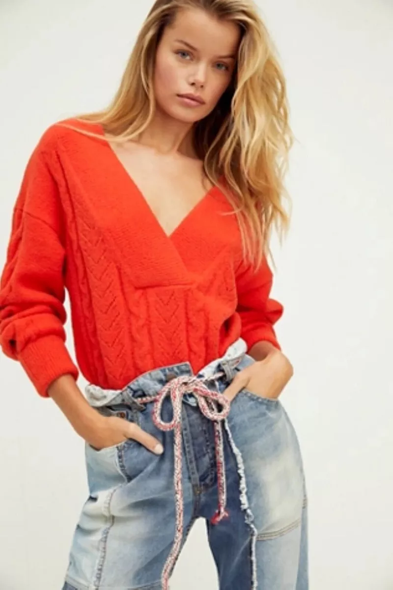 Free People True Love V Neck Pullover Slouchy Jumper Red Medium