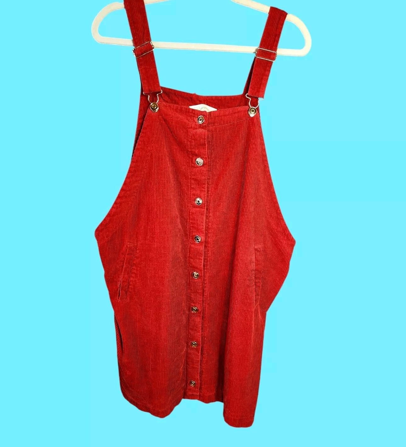 Y2K Red Corduroy Overall Jumper Button Front Mini Dress Size XL Pockets