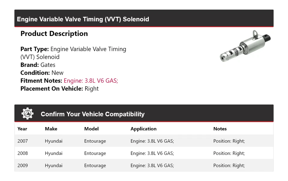 Para Hyundai Entourage 2007-2009 3,8 L V6 motor de gas VVT solenoide puertas derechas 2008 Foto 2 de 4