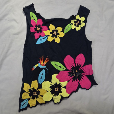 VTG Michael Simon Sleeveless Top Womens Sz M Black W/ Floral Flower Embroidery 