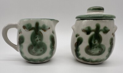 MA Hadley Stoneware Pottery Green Pear & Grapes Creamer &Sugar Bowl Lid Folk Art
