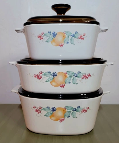 Vintage Corningware Abundance 6 Piece Casserole Set Pyrex Lids ~ 3L, 2L,1.5L