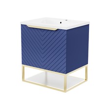 Blue 600mm Wall Hung Drawers Basin Vanity Brushed Brass Frame & Handle