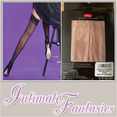 Nude genähte Strümpfe halterlos Vintage transparent Spitze Top sexy Gr M L 8 10 12 14
