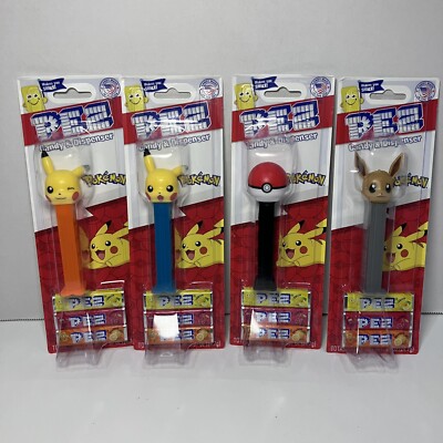 Pez Pokemon Complete Set 4 Pack Pikachu Laughing/Winking,Eevee, Poke Ball Candy
