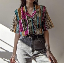 Vintage Unisex Colorful Abstract 80s Patterned Button Down Shirt