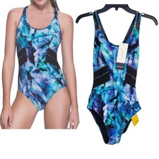 Gottex Size 8 Profile Sport ONE Piece Swimsuit Moonstone Blue mesh panels