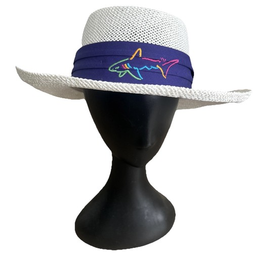 Greg Norman Reebok Men’s White Straw Hat Embroidered Shark Logo Teal Band M