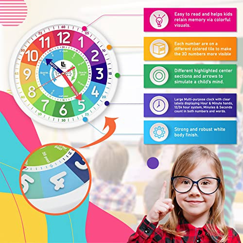 3D Kids Colorful Learning Wall Clock - Easy to Read - Telling Time Teaching - Picture 5 of 8