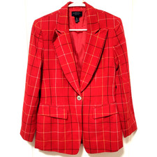 Vtg Red Plaid Wool Blend Blazer Womens 6 Anne Klein II Petites Union Made USA EE